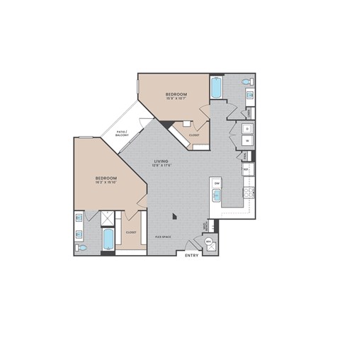 Floor plan for 2 beds, 2 baths, 1312 sqft
